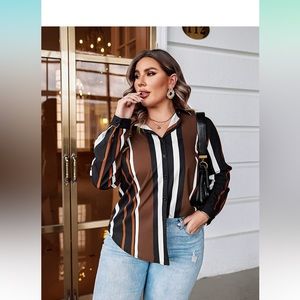 In’Voland brand, V neck button down stripe shirt with roll down sleeve plus size